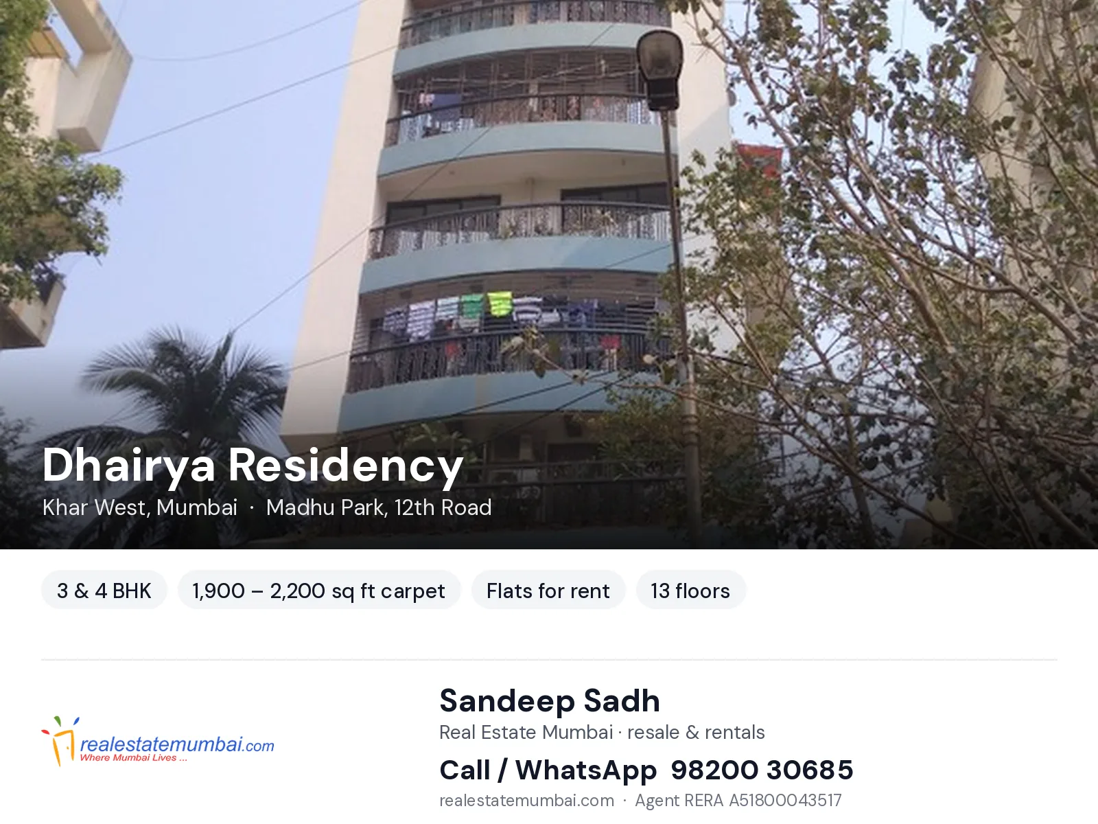 Dhairya Residency, Khar West, Mumbai — 3 & 4 BHK flats for rent | Real Estate Mumbai, Sandeep Sadh 98200 30685