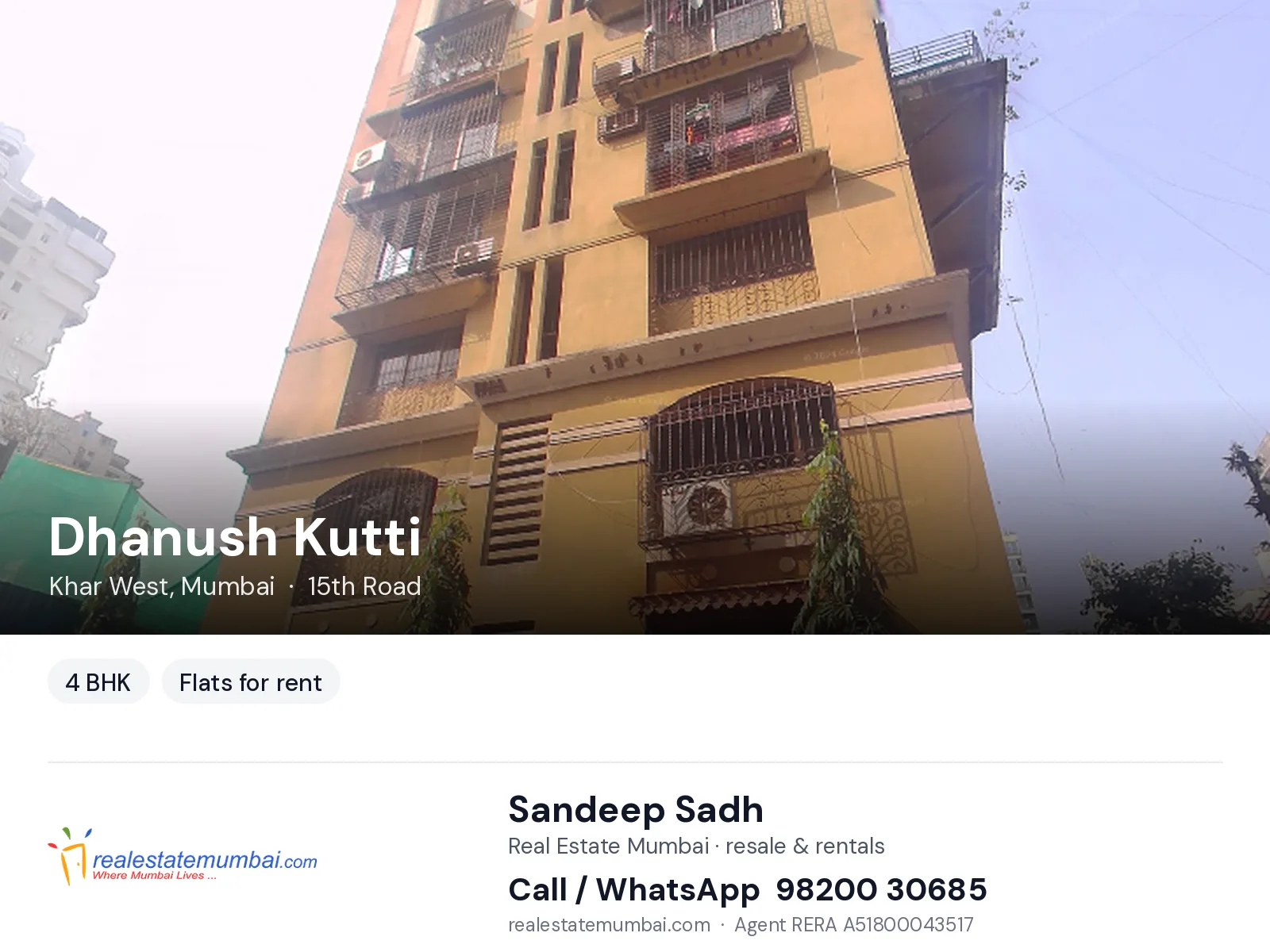 Dhanush Kutti, Khar West, Mumbai — 4 BHK flats for rent | Real Estate Mumbai, Sandeep Sadh 98200 30685
