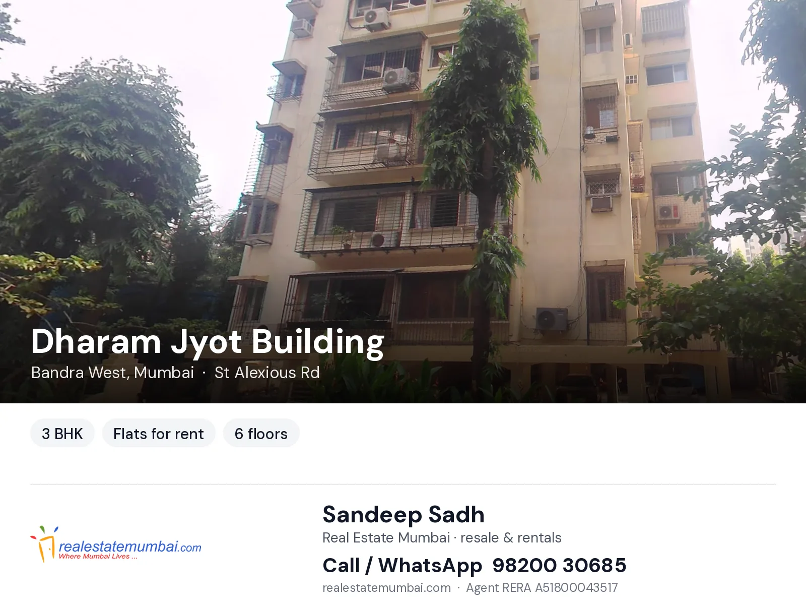 Dharam Jyot Building, Bandra West, Mumbai — 3 BHK flats for rent | Real Estate Mumbai, Sandeep Sadh 98200 30685