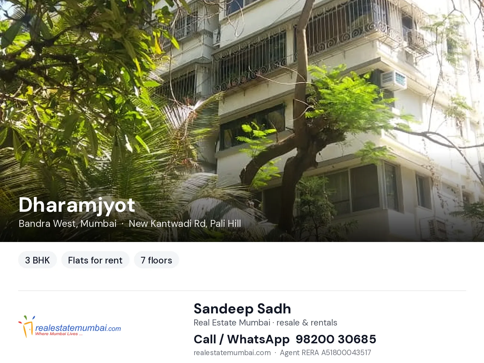 Dharamjyot, Bandra West, Mumbai — 3 BHK flats for rent | Real Estate Mumbai, Sandeep Sadh 98200 30685