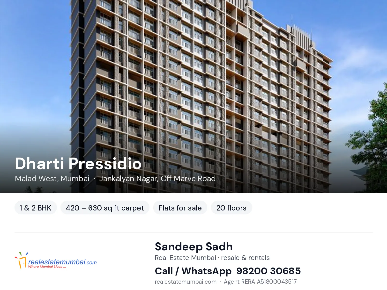 Dharti Pressidio, Malad West, Mumbai — 1 & 2 BHK flats for sale | Real Estate Mumbai, Sandeep Sadh 98200 30685