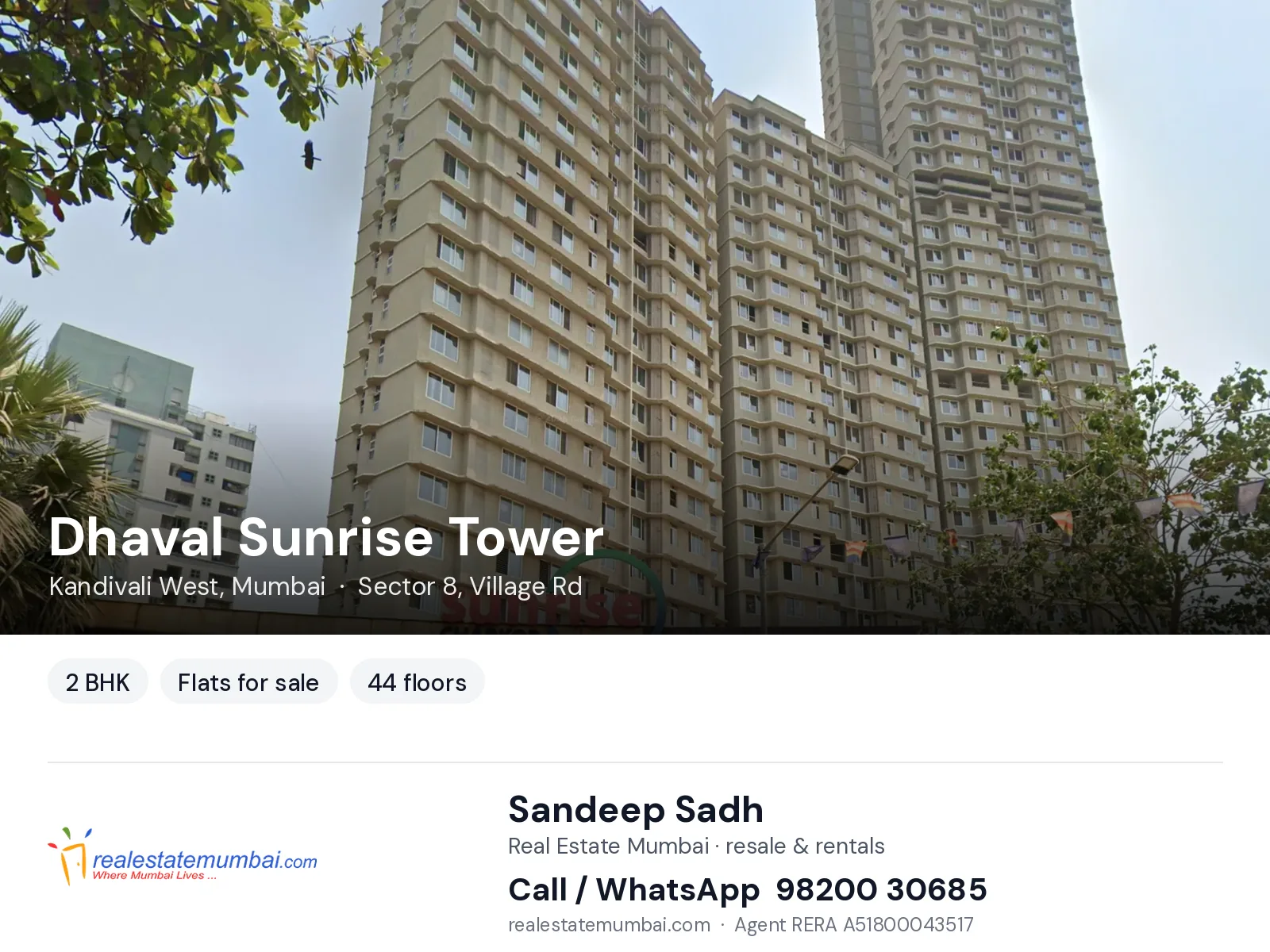 Dhaval Sunrise Tower, Kandivali West, Mumbai — 2 BHK flats for sale | Real Estate Mumbai, Sandeep Sadh 98200 30685