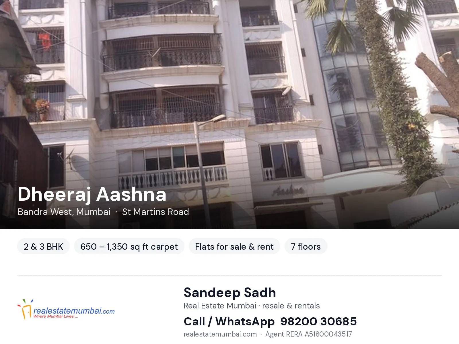 Dheeraj Aashna, Bandra West, Mumbai — 2 & 3 BHK flats for sale & rent | Real Estate Mumbai, Sandeep Sadh 98200 30685