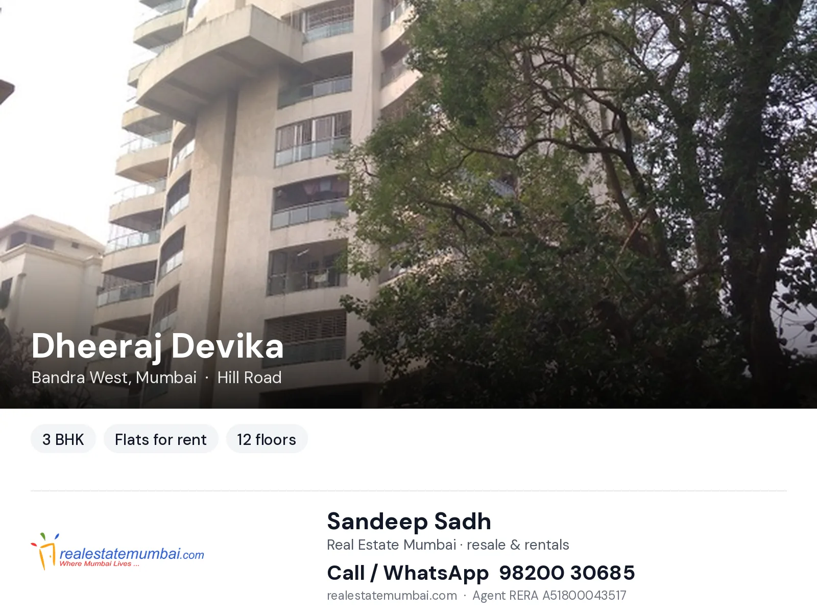 Dheeraj Devika, Bandra West, Mumbai — 3 BHK flats for rent | Real Estate Mumbai, Sandeep Sadh 98200 30685