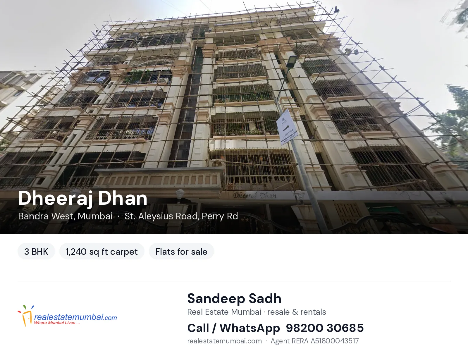 Dheeraj Dhan, Bandra West, Mumbai — 3 BHK flats for sale | Real Estate Mumbai, Sandeep Sadh 98200 30685