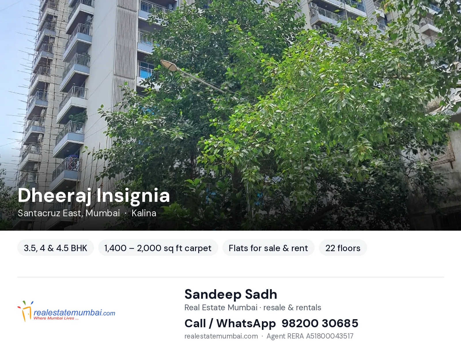 Dheeraj Insignia, Santacruz East, Mumbai — 3.5, 4 & 4.5 BHK flats for sale & rent | Real Estate Mumbai, Sandeep Sadh 98200 30685