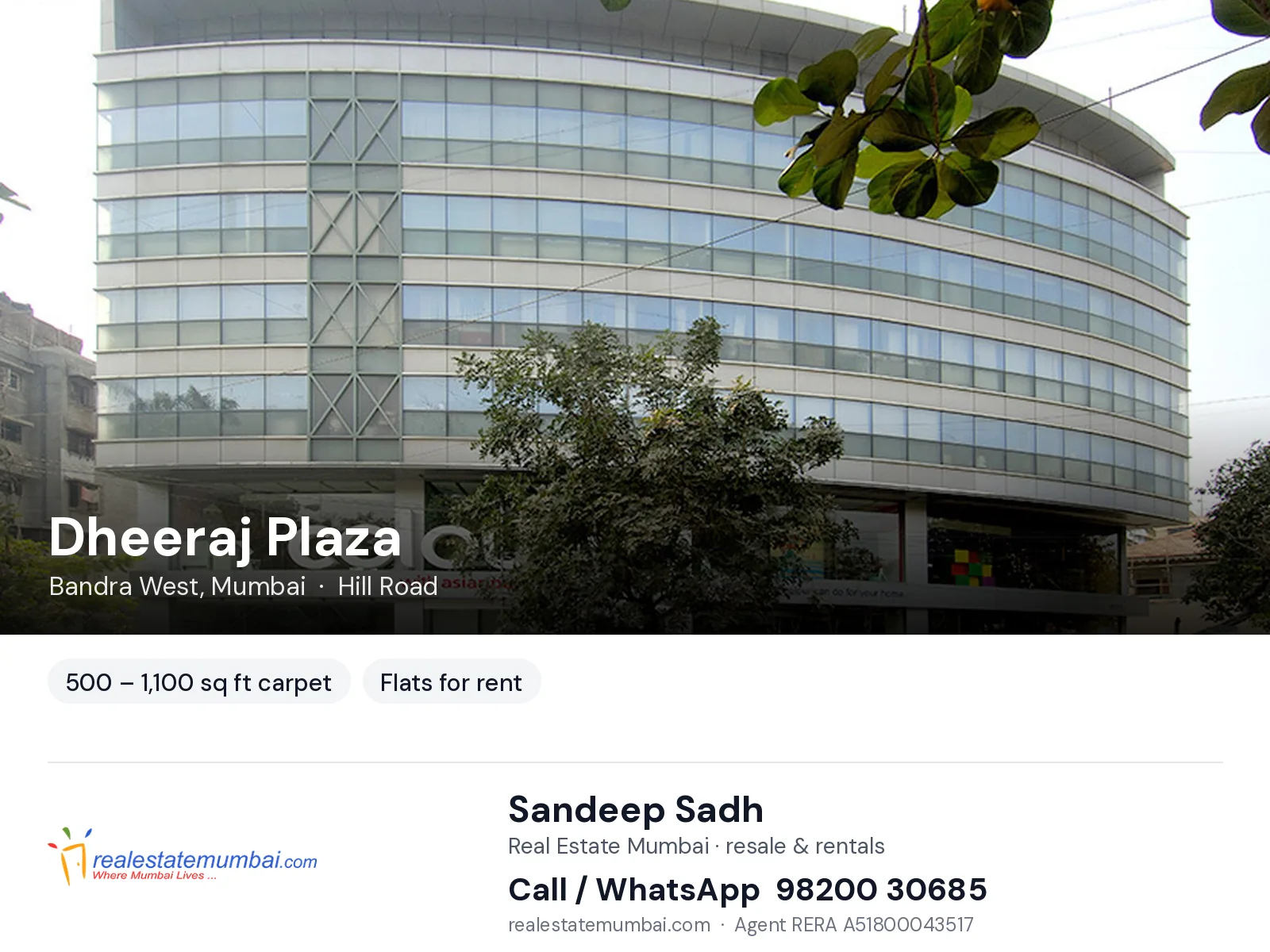 Dheeraj Plaza, Bandra West, Mumbai — flats for rent | Real Estate Mumbai, Sandeep Sadh 98200 30685