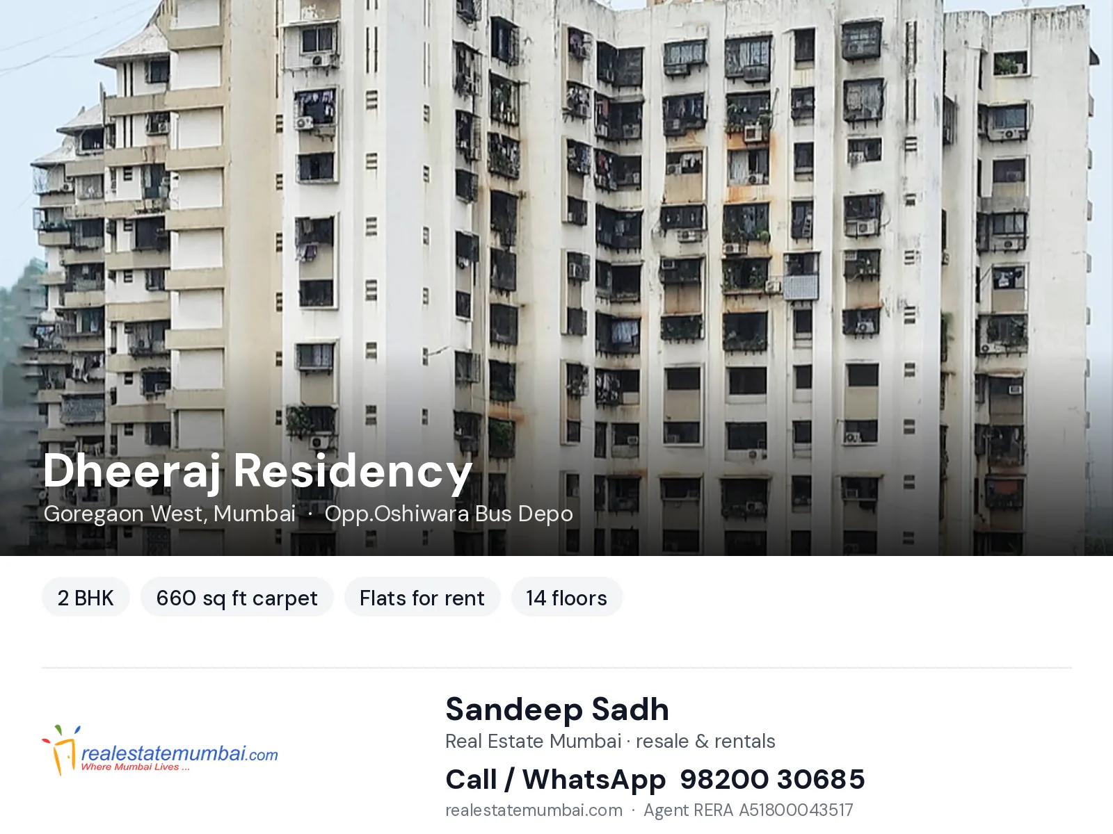 Dheeraj Residency, Goregaon West, Mumbai — 2 BHK flats for rent | Real Estate Mumbai, Sandeep Sadh 98200 30685