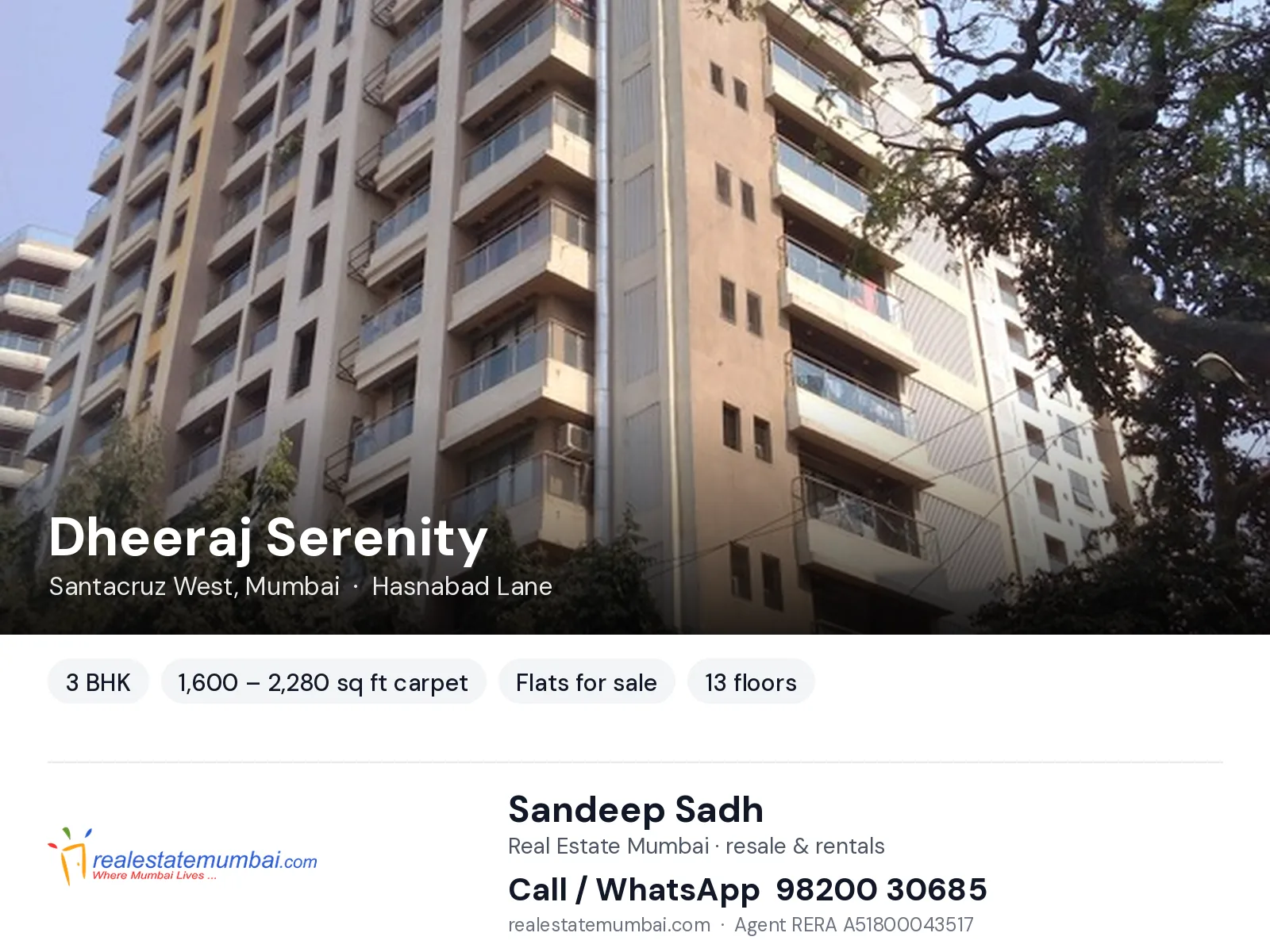 Dheeraj Serenity, Santacruz West, Mumbai — 3 BHK flats for sale | Real Estate Mumbai, Sandeep Sadh 98200 30685