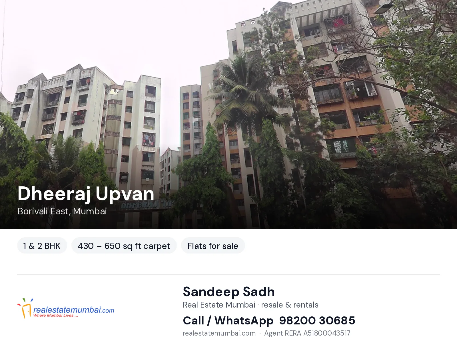 Dheeraj Upvan, Borivali East, Mumbai — 1 & 2 BHK flats for sale | Real Estate Mumbai, Sandeep Sadh 98200 30685