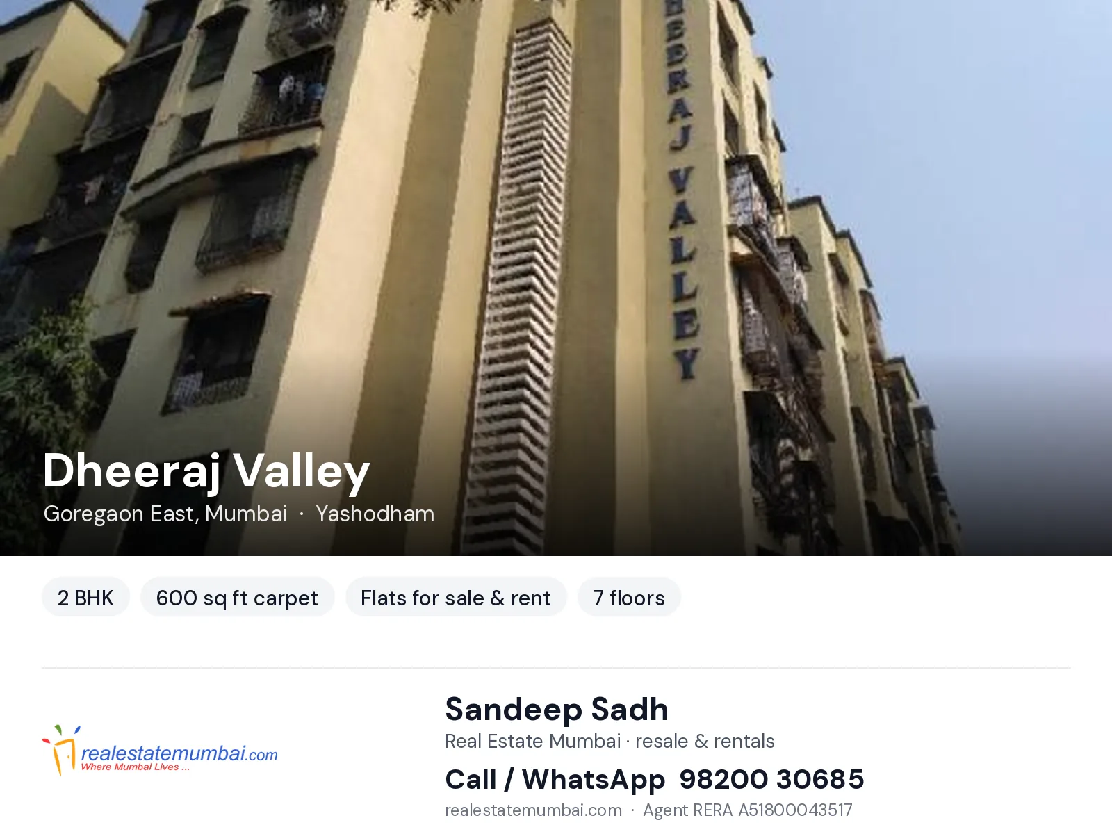 Dheeraj Valley, Goregaon East, Mumbai — 2 BHK flats for sale & rent | Real Estate Mumbai, Sandeep Sadh 98200 30685