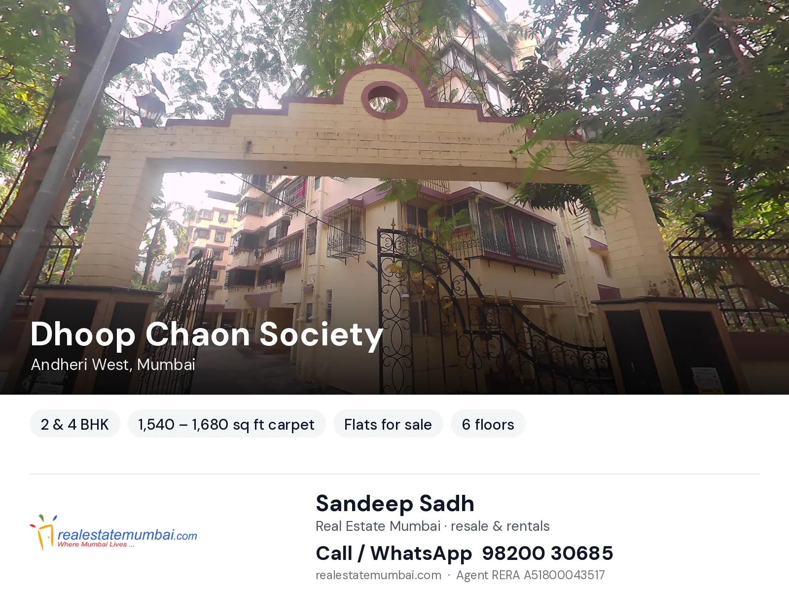 Dhoop Chaon Society, Andheri West, Mumbai — 2 & 4 BHK flats for sale | Real Estate Mumbai, Sandeep Sadh 98200 30685