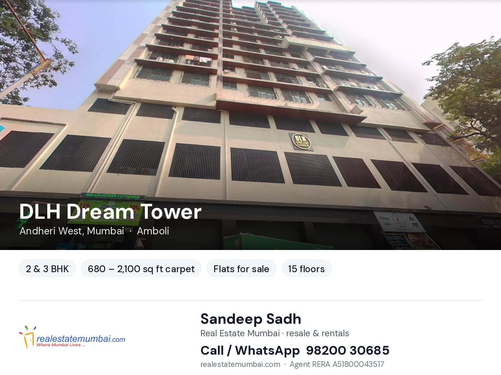 DLH Dream Tower, Andheri West, Mumbai — 2 & 3 BHK flats for sale | Real Estate Mumbai, Sandeep Sadh 98200 30685