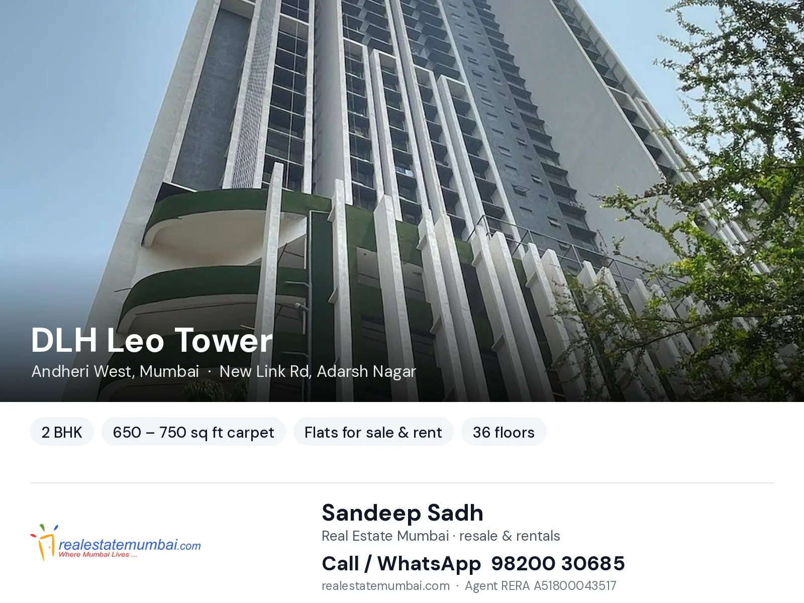 DLH Leo Tower, Andheri West, Mumbai — 2 BHK flats for sale & rent | Real Estate Mumbai, Sandeep Sadh 98200 30685