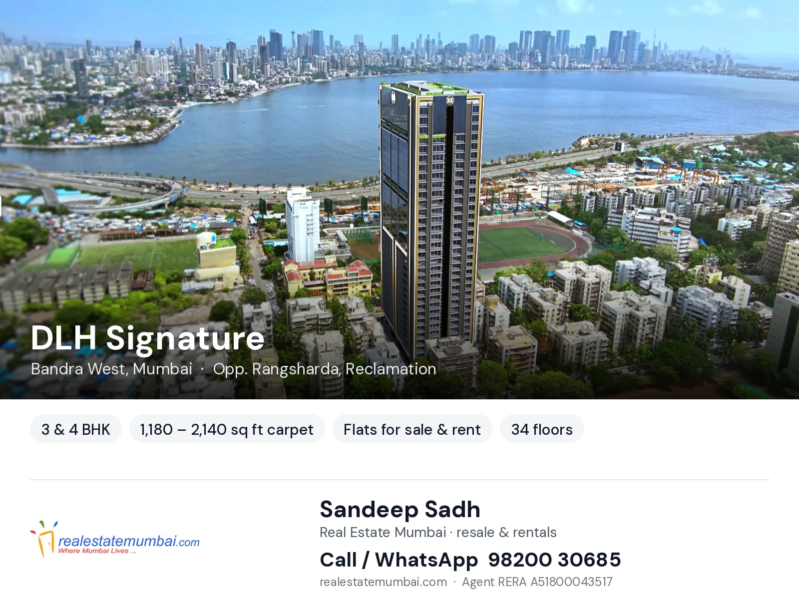 DLH Signature, Bandra West, Mumbai — 3 & 4 BHK flats for sale & rent | Real Estate Mumbai, Sandeep Sadh 98200 30685