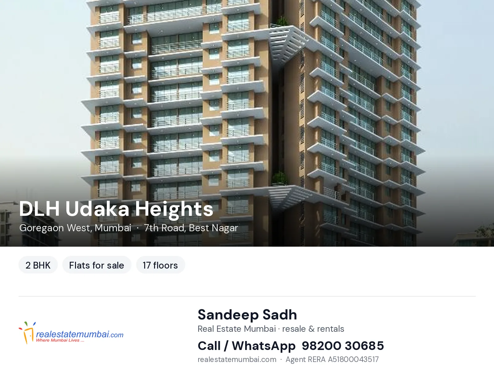 DLH Udaka Heights, Goregaon West, Mumbai — 2 BHK flats for sale | Real Estate Mumbai, Sandeep Sadh 98200 30685