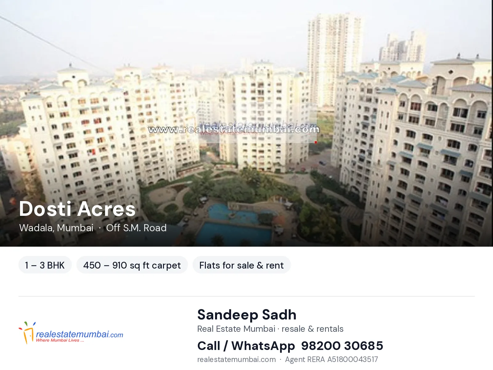 Dosti Acres, Wadala, Mumbai — 1 – 3 BHK flats for sale & rent | Real Estate Mumbai, Sandeep Sadh 98200 30685