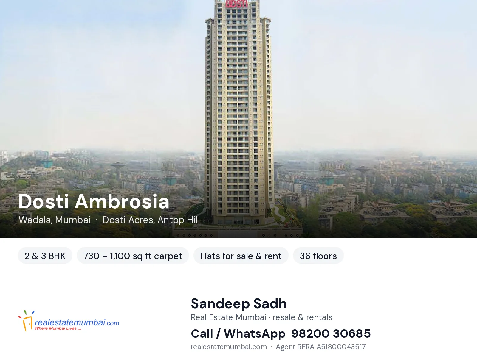 Dosti Ambrosia, Wadala, Mumbai — 2 & 3 BHK flats for sale & rent | Real Estate Mumbai, Sandeep Sadh 98200 30685