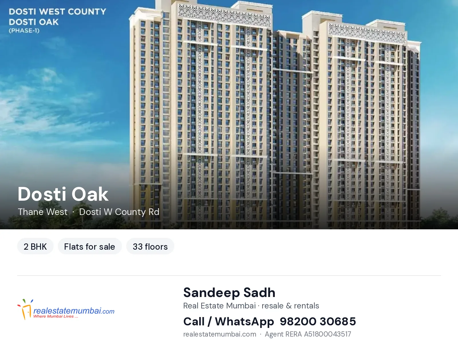 Dosti Oak, Thane West — 2 BHK flats for sale | Real Estate Mumbai, Sandeep Sadh 98200 30685
