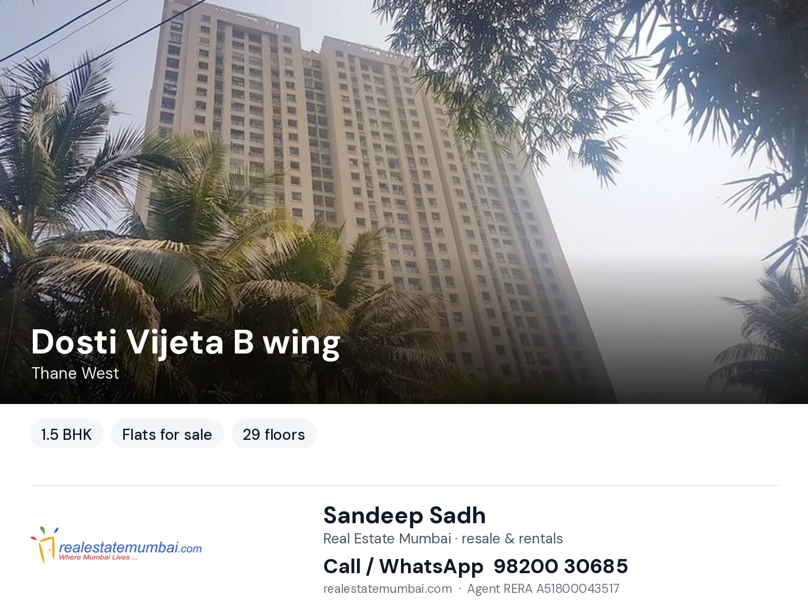 Dosti Vijeta B wing, Thane West — 1.5 BHK flats for sale | Real Estate Mumbai, Sandeep Sadh 98200 30685