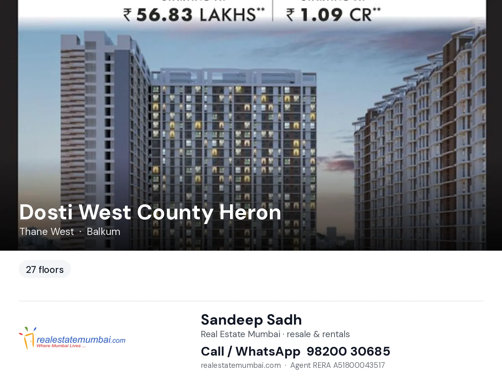 Dosti West County Heron, Thane West — flats | Real Estate Mumbai, Sandeep Sadh 98200 30685