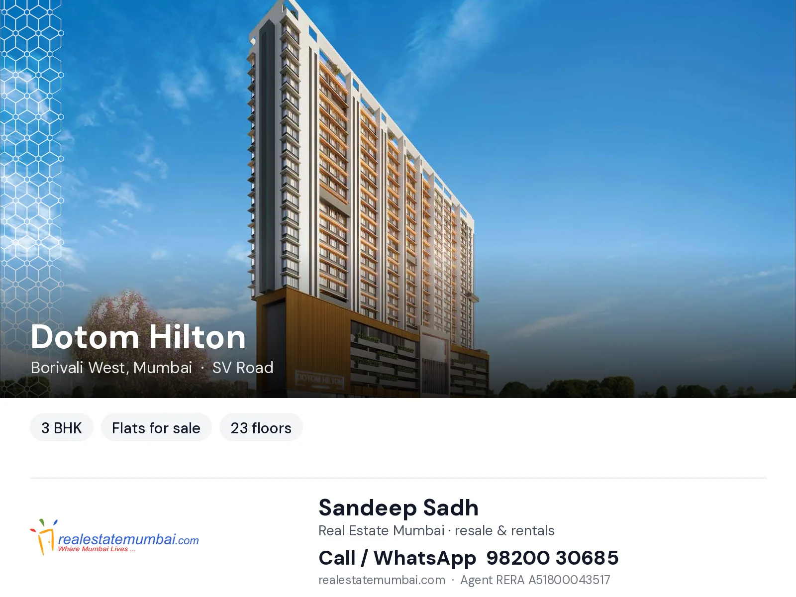 Dotom Hilton, Borivali West, Mumbai — 3 BHK flats for sale | Real Estate Mumbai, Sandeep Sadh 98200 30685