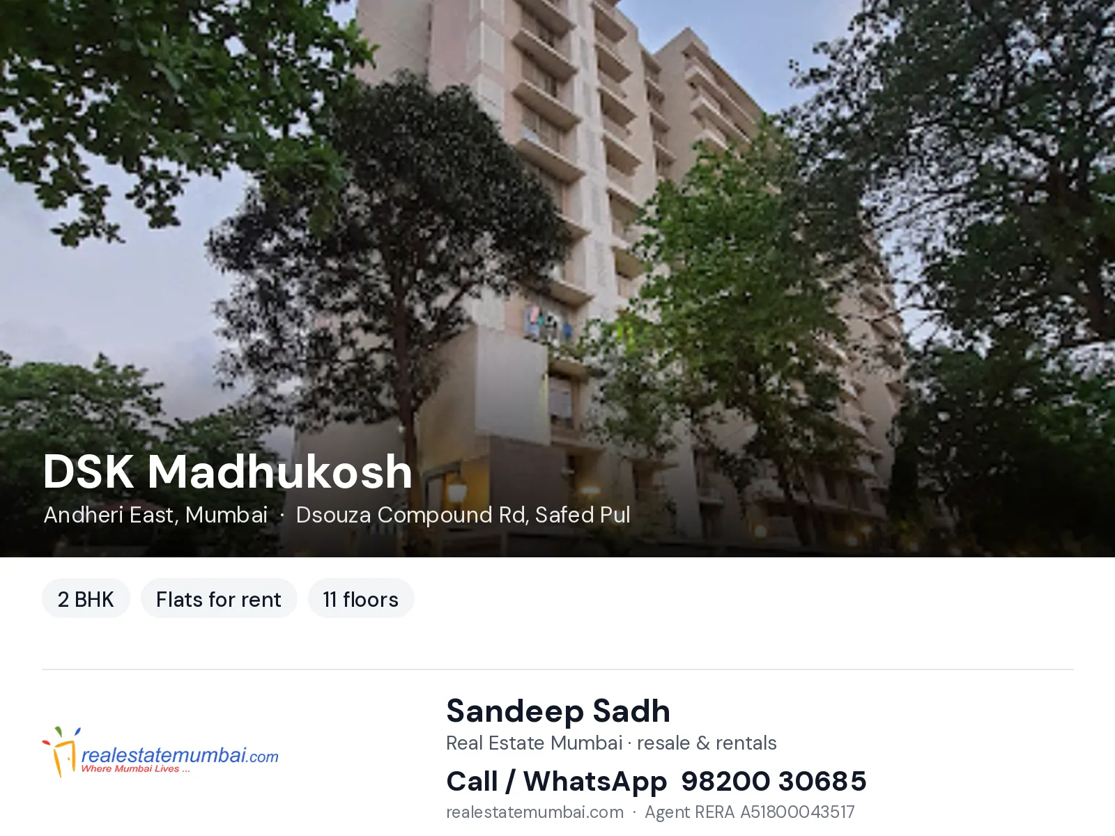 DSK Madhukosh, Andheri East, Mumbai — 2 BHK flats for rent | Real Estate Mumbai, Sandeep Sadh 98200 30685