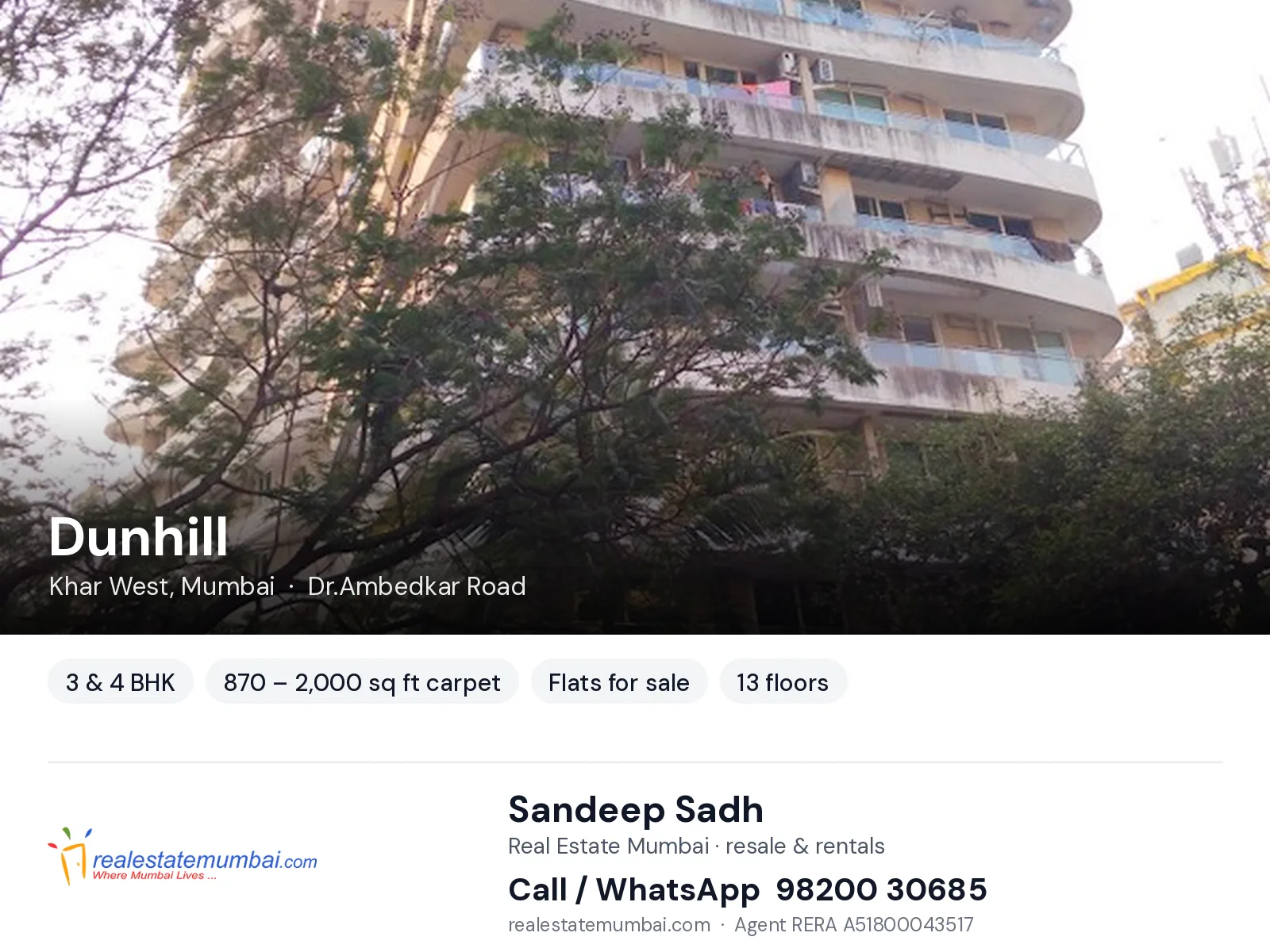 Dunhill, Khar West, Mumbai — 3 & 4 BHK flats for sale | Real Estate Mumbai, Sandeep Sadh 98200 30685