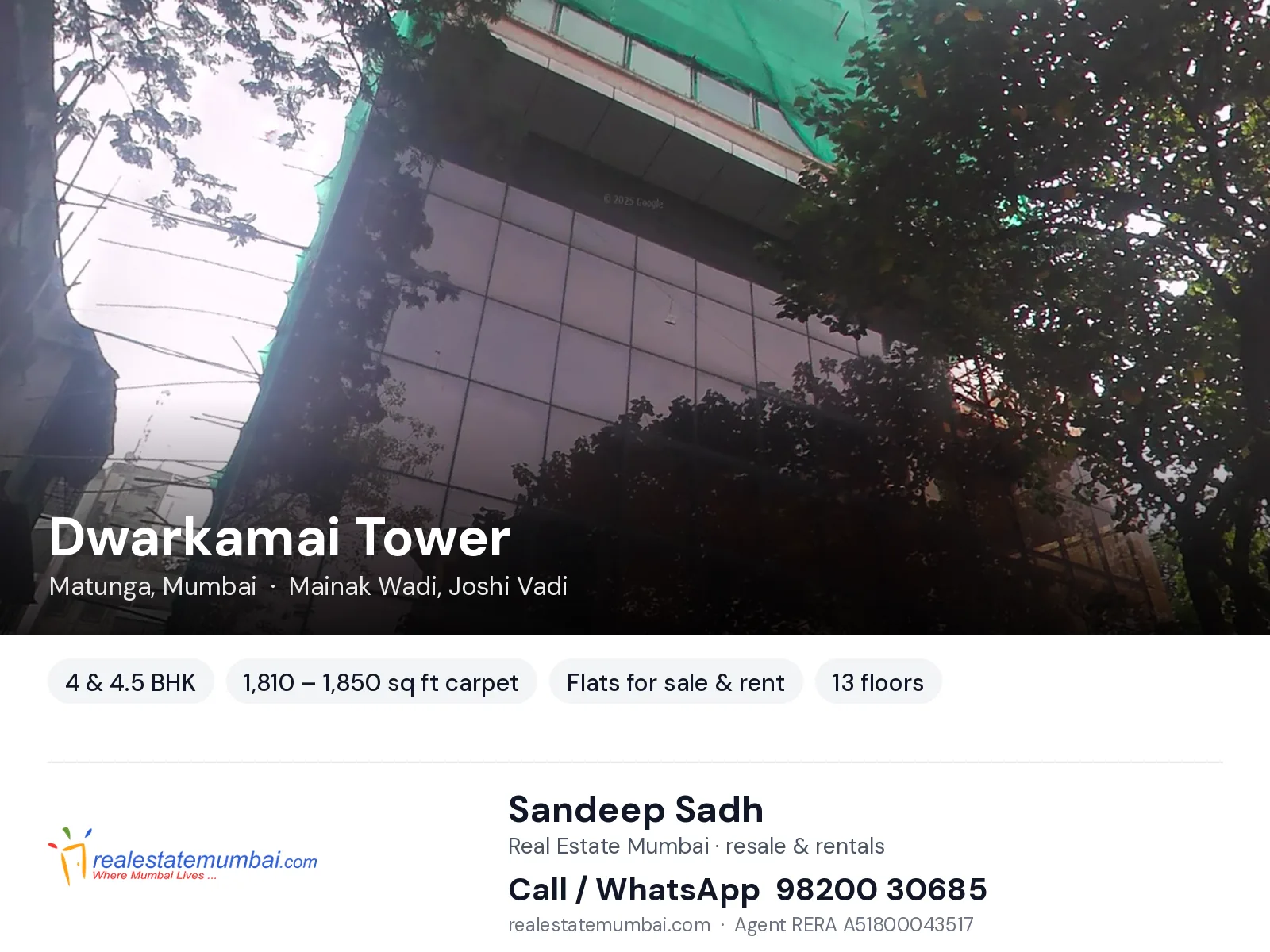 Dwarkamai Tower, Matunga, Mumbai — 4 & 4.5 BHK flats for sale & rent | Real Estate Mumbai, Sandeep Sadh 98200 30685