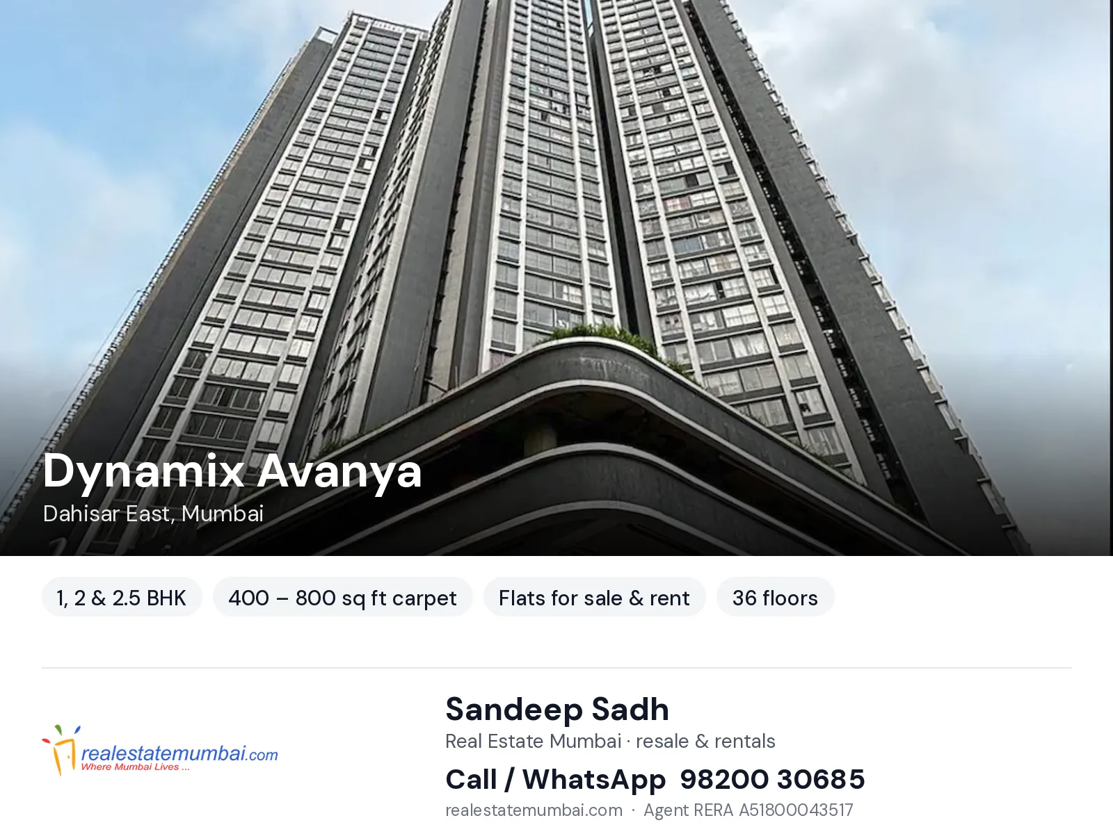 Dynamix Avanya, Dahisar East, Mumbai — 1, 2 & 2.5 BHK flats for sale & rent | Real Estate Mumbai, Sandeep Sadh 98200 30685