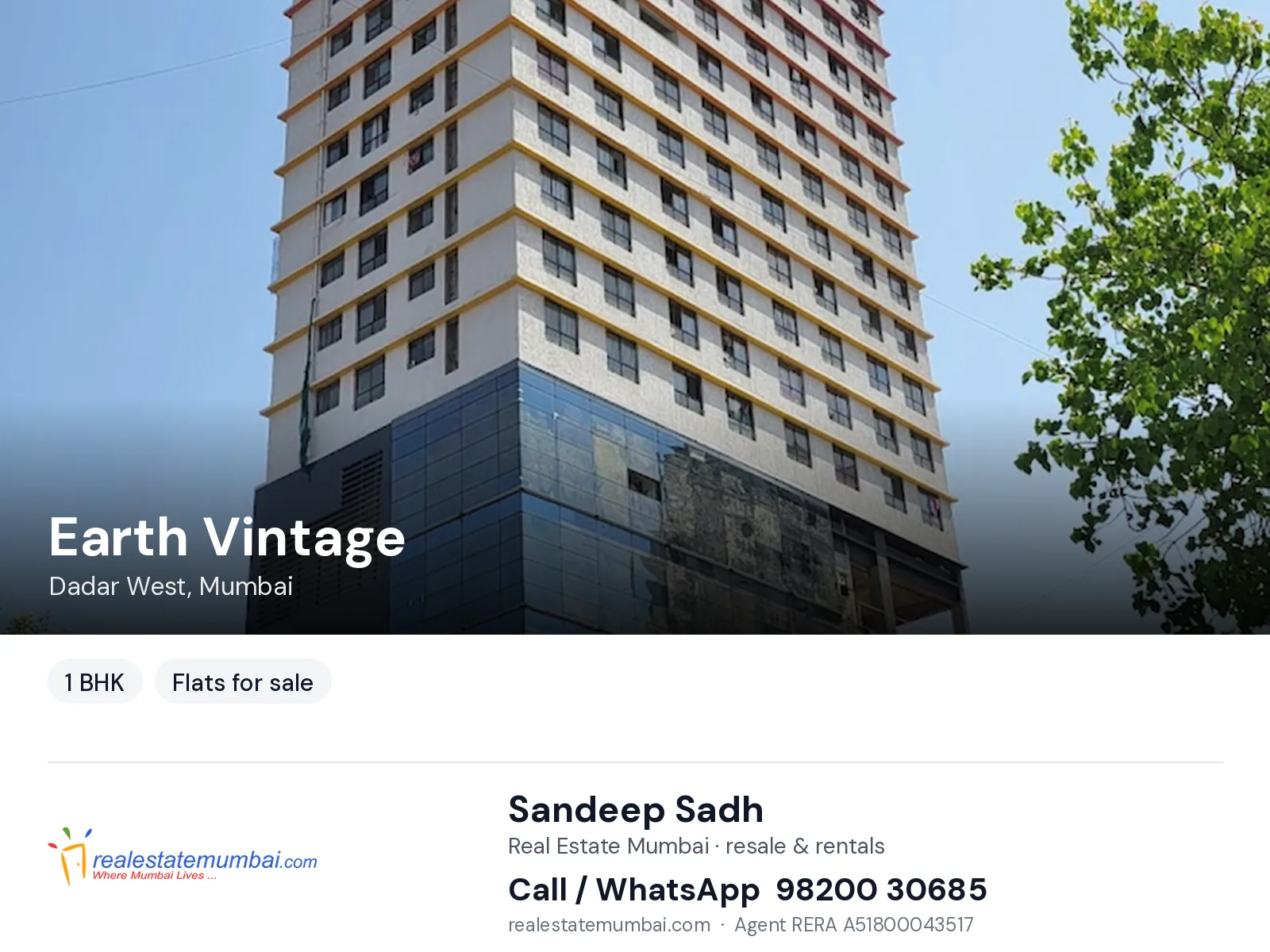 Earth Vintage, Dadar West, Mumbai — 1 BHK flats for sale | Real Estate Mumbai, Sandeep Sadh 98200 30685