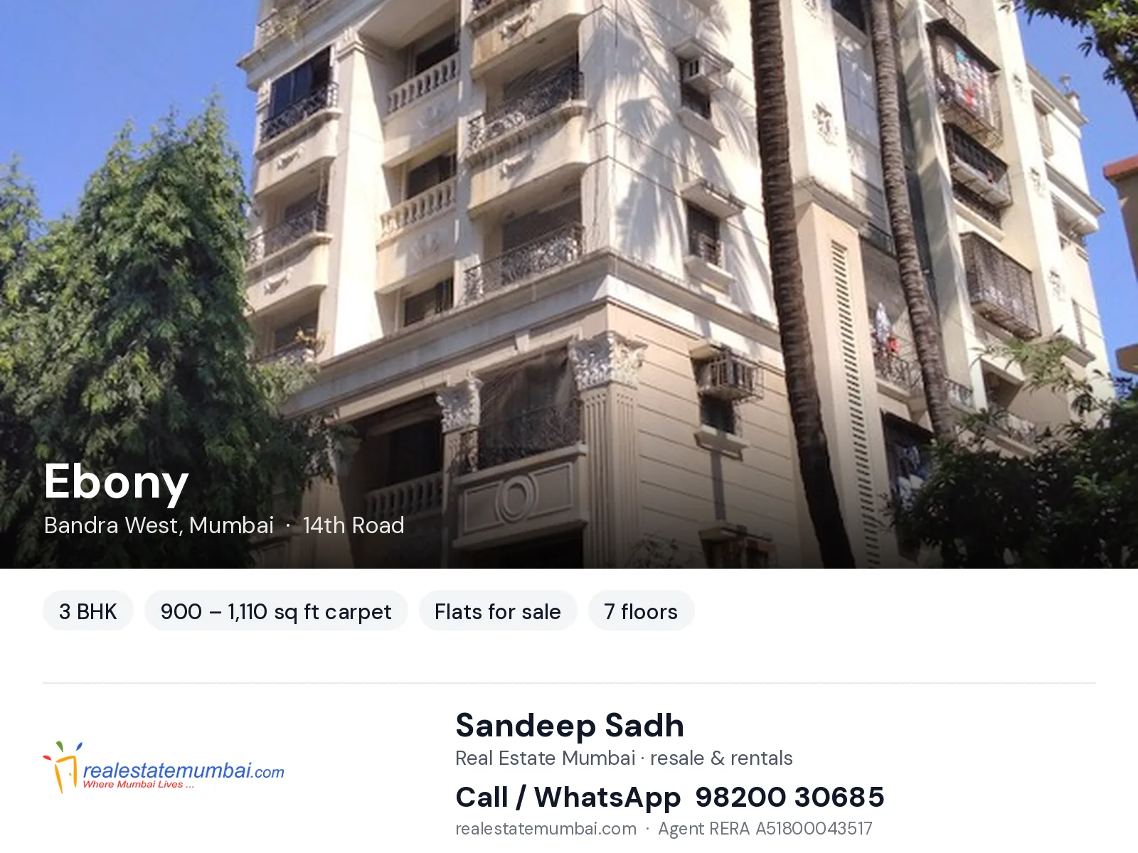 Ebony, Bandra West, Mumbai — 3 BHK flats for sale | Real Estate Mumbai, Sandeep Sadh 98200 30685