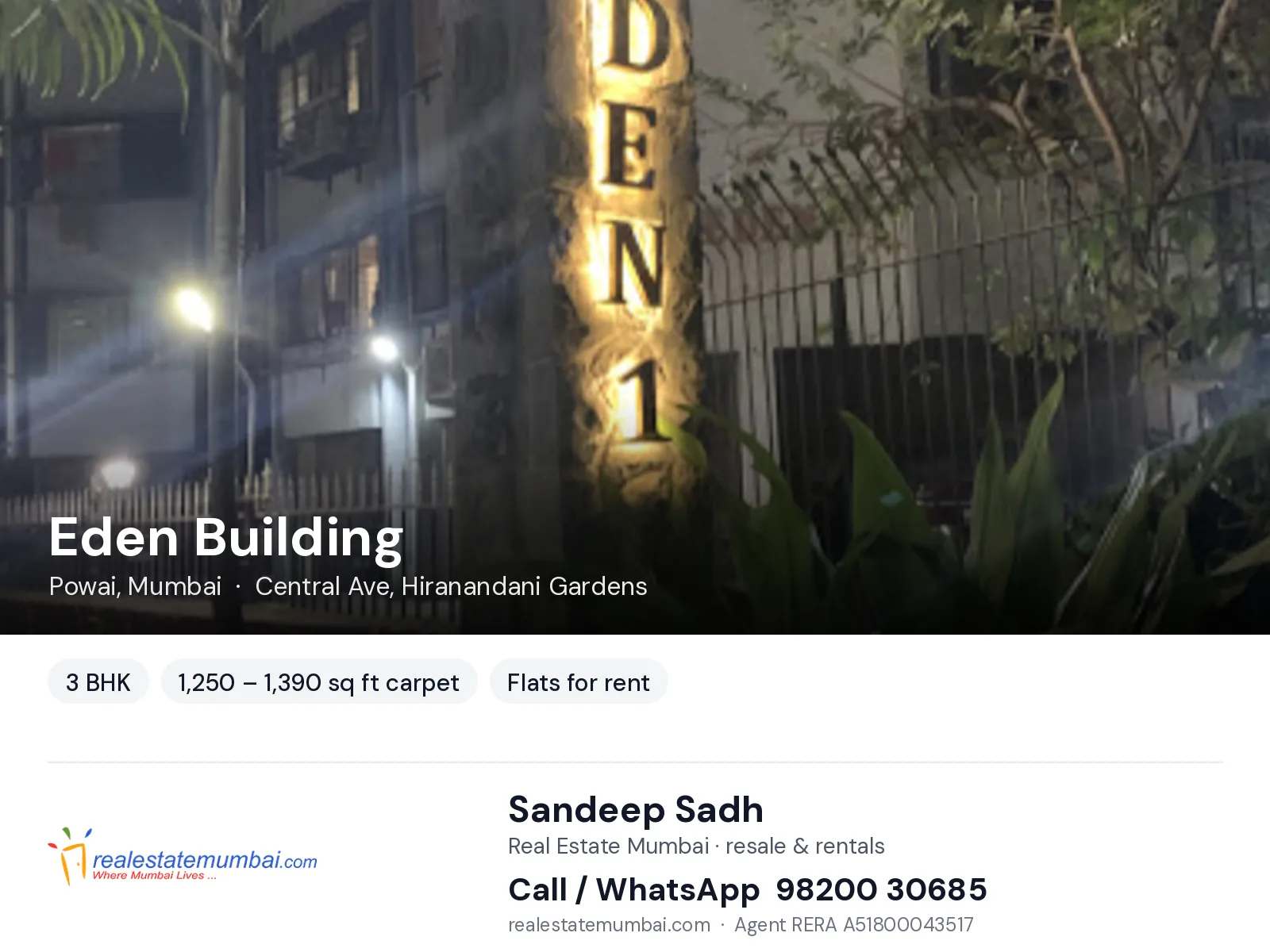Eden Building, Powai, Mumbai — 3 BHK flats for rent | Real Estate Mumbai, Sandeep Sadh 98200 30685