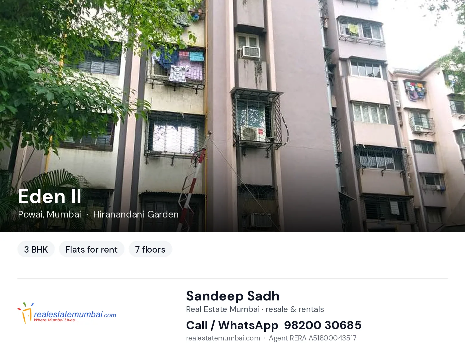 Eden II, Powai, Mumbai — 3 BHK flats for rent | Real Estate Mumbai, Sandeep Sadh 98200 30685