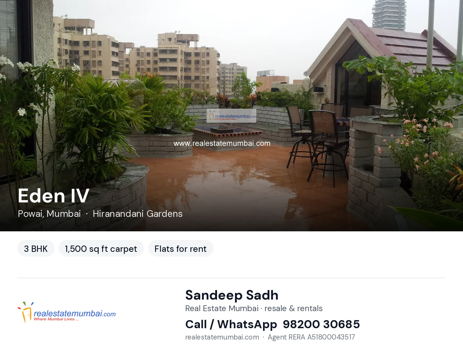 Eden IV, Powai, Mumbai — 3 BHK flats for rent | Real Estate Mumbai, Sandeep Sadh 98200 30685