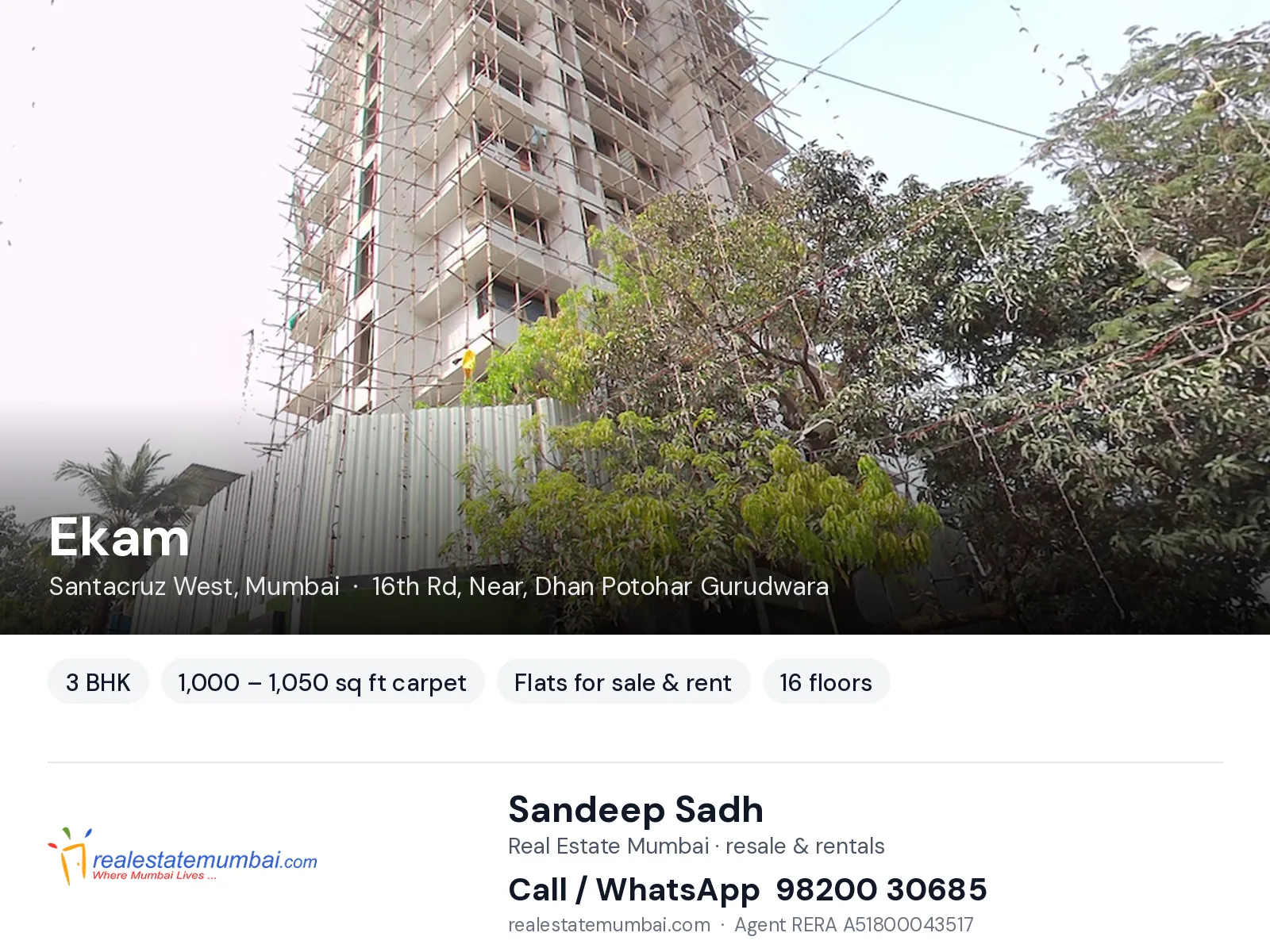 Ekam, Santacruz West, Mumbai — 3 BHK flats for sale & rent | Real Estate Mumbai, Sandeep Sadh 98200 30685