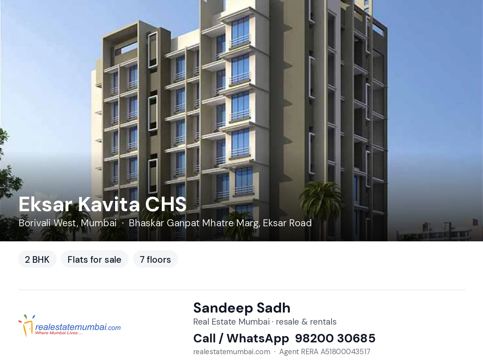 Eksar Kavita CHS, Borivali West, Mumbai — 2 BHK flats for sale | Real Estate Mumbai, Sandeep Sadh 98200 30685