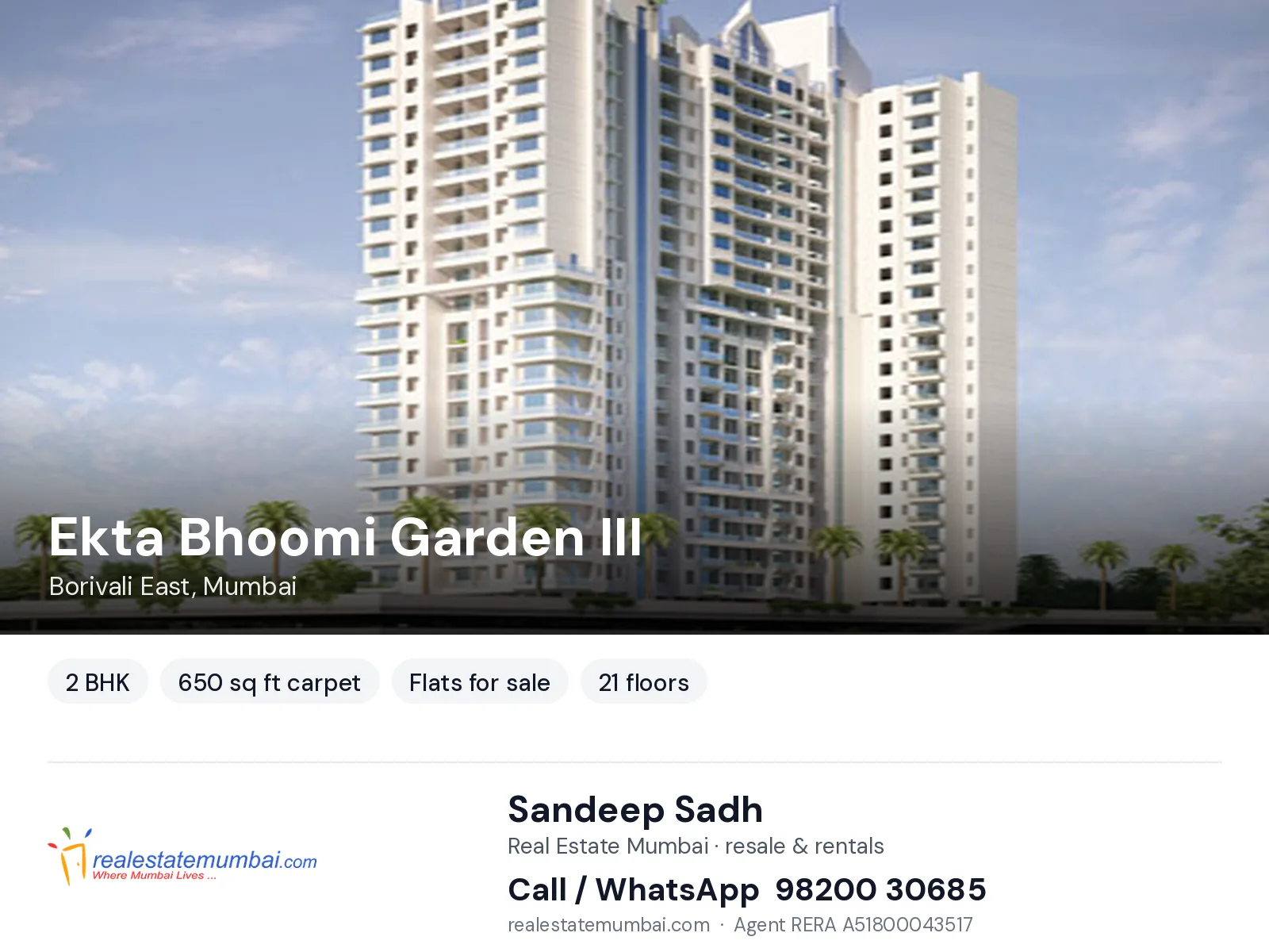 Ekta Bhoomi Garden III, Borivali East, Mumbai — 2 BHK flats for sale | Real Estate Mumbai, Sandeep Sadh 98200 30685