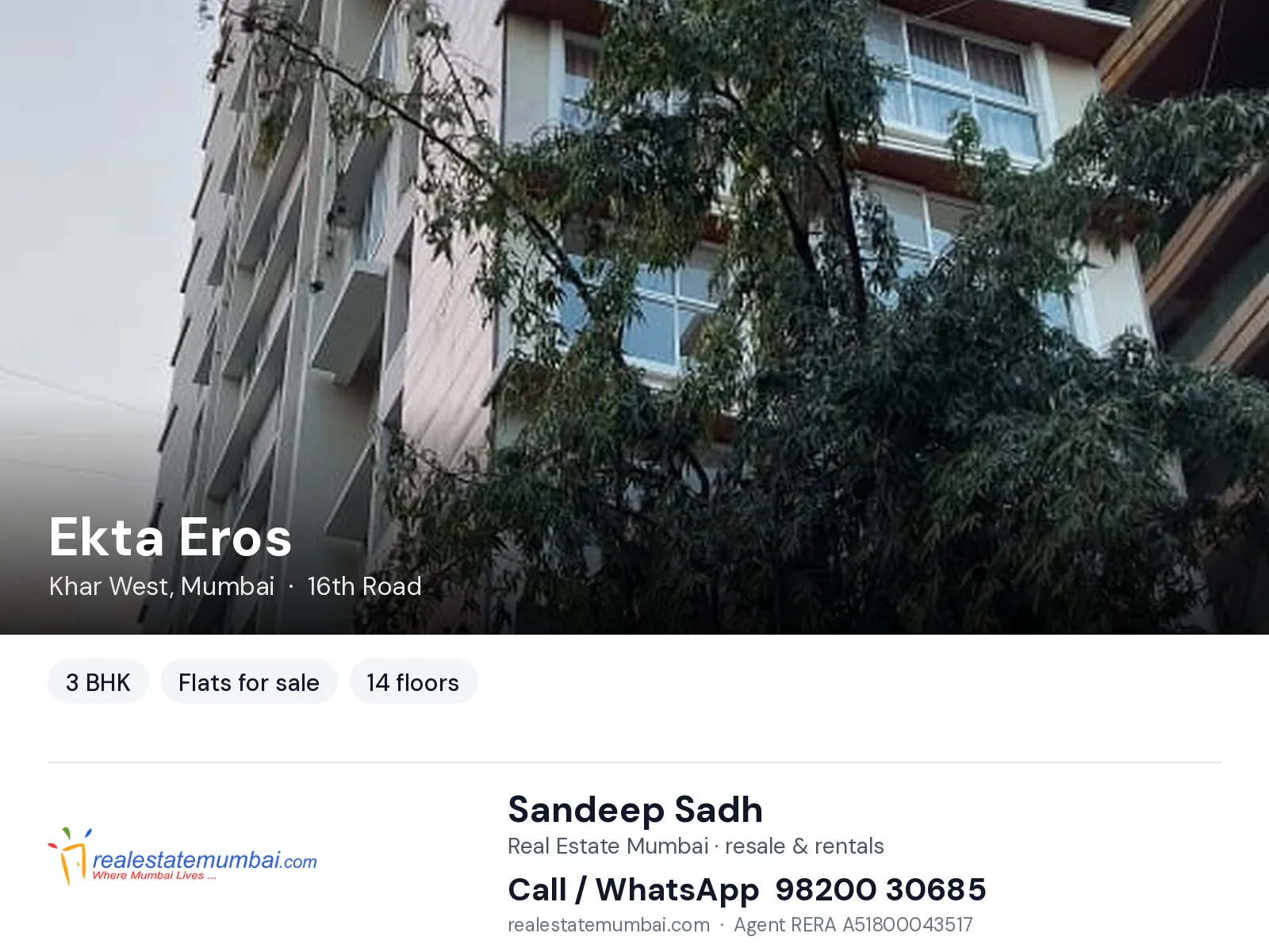 Ekta Eros, Khar West, Mumbai — 3 BHK flats for sale | Real Estate Mumbai, Sandeep Sadh 98200 30685