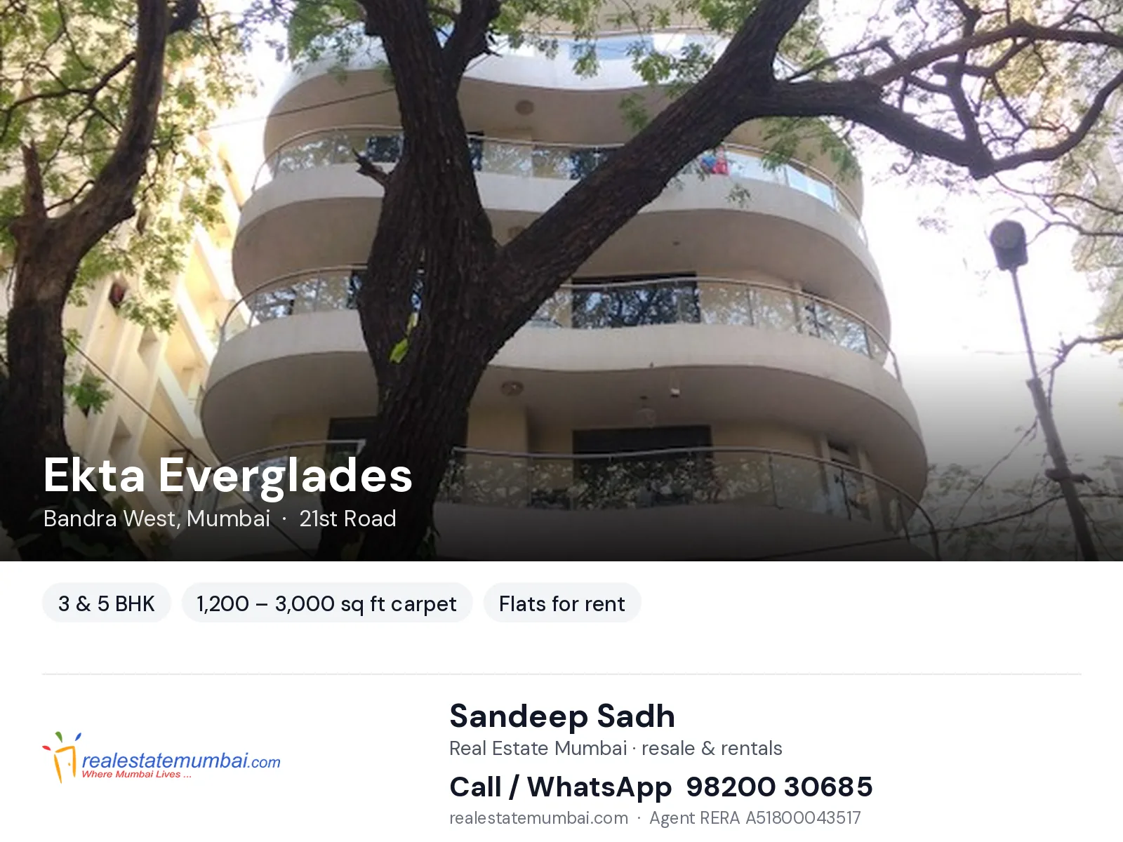 Ekta Everglades, Bandra West, Mumbai — 3 & 5 BHK flats for rent | Real Estate Mumbai, Sandeep Sadh 98200 30685