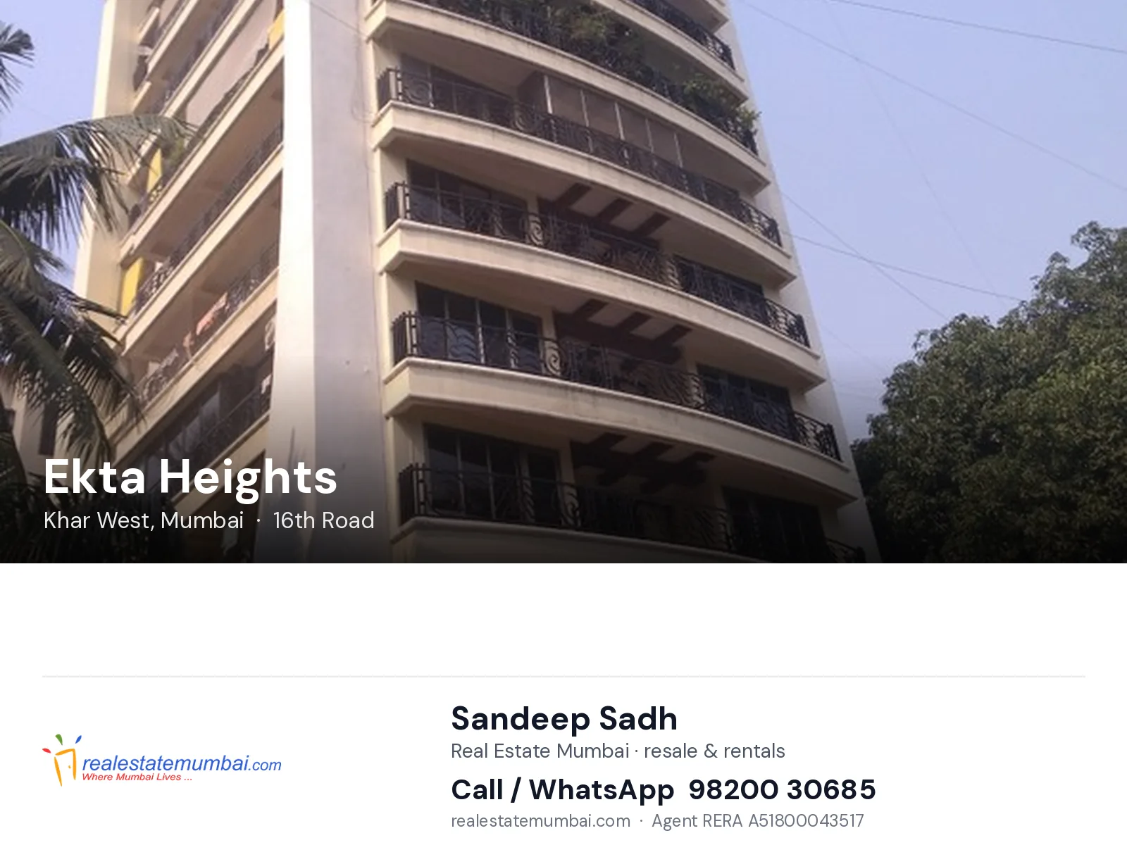 Ekta Heights, Khar West, Mumbai — flats | Real Estate Mumbai, Sandeep Sadh 98200 30685