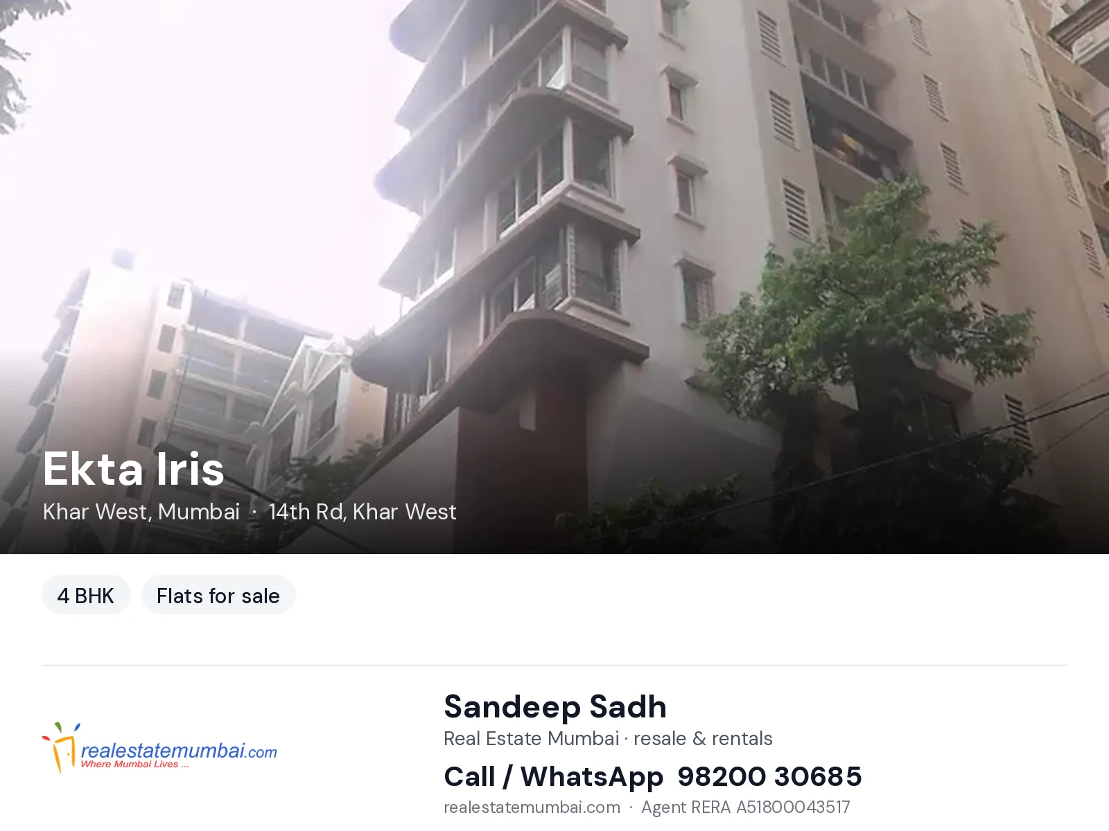 Ekta Iris, Khar West, Mumbai — 4 BHK flats for sale | Real Estate Mumbai, Sandeep Sadh 98200 30685