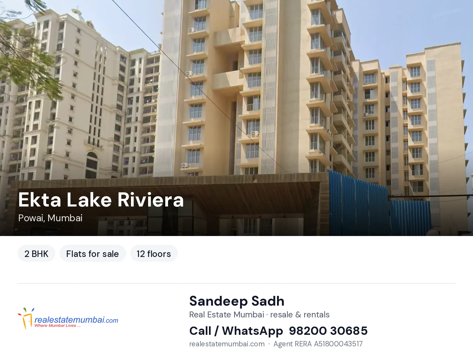 Ekta Lake Riviera, Powai, Mumbai — 2 BHK flats for sale | Real Estate Mumbai, Sandeep Sadh 98200 30685
