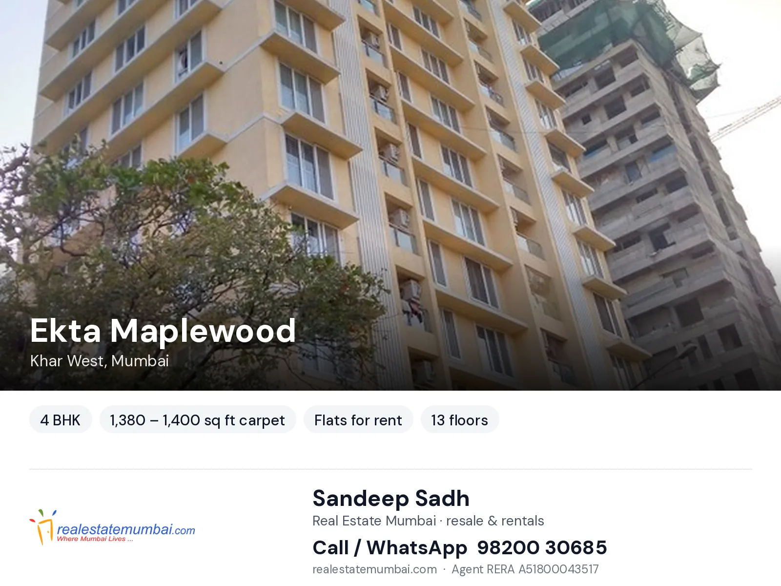 Ekta Maplewood, Khar West, Mumbai — 4 BHK flats for rent | Real Estate Mumbai, Sandeep Sadh 98200 30685