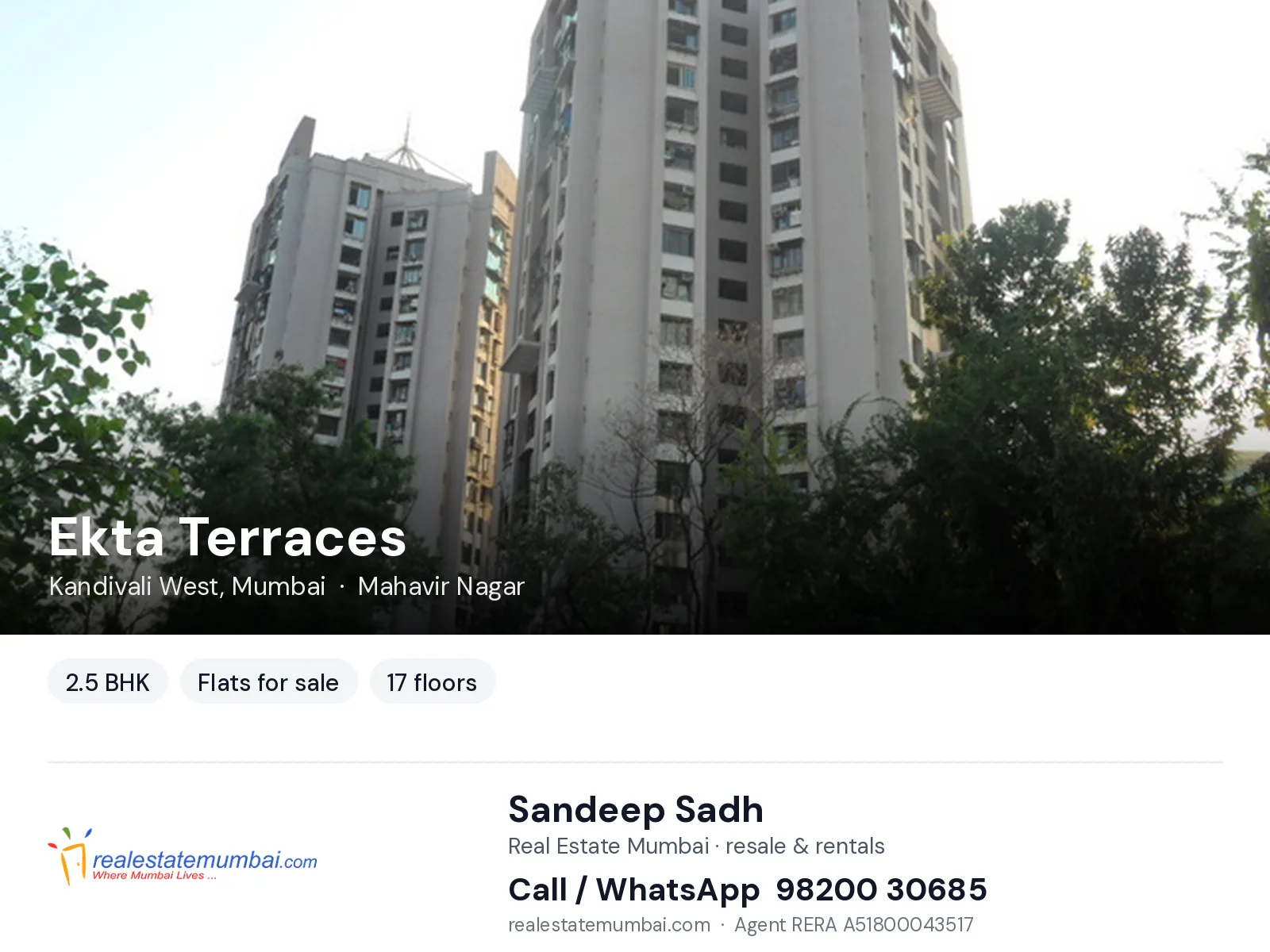 Ekta Terraces, Kandivali West, Mumbai — 2.5 BHK flats for sale | Real Estate Mumbai, Sandeep Sadh 98200 30685