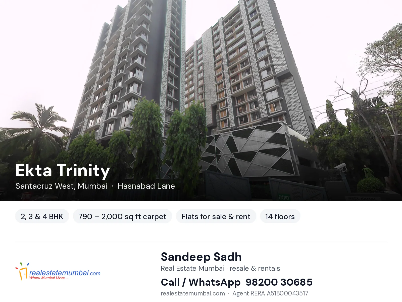 Ekta Trinity, Santacruz West, Mumbai — 2, 3 & 4 BHK flats for sale & rent | Real Estate Mumbai, Sandeep Sadh 98200 30685