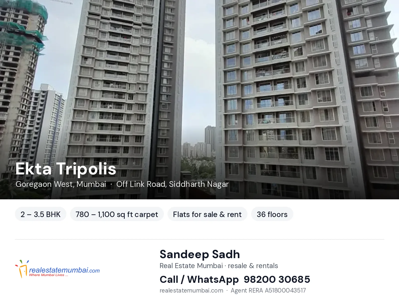 Ekta Tripolis, Goregaon West, Mumbai — 2 – 3.5 BHK flats for sale & rent | Real Estate Mumbai, Sandeep Sadh 98200 30685
