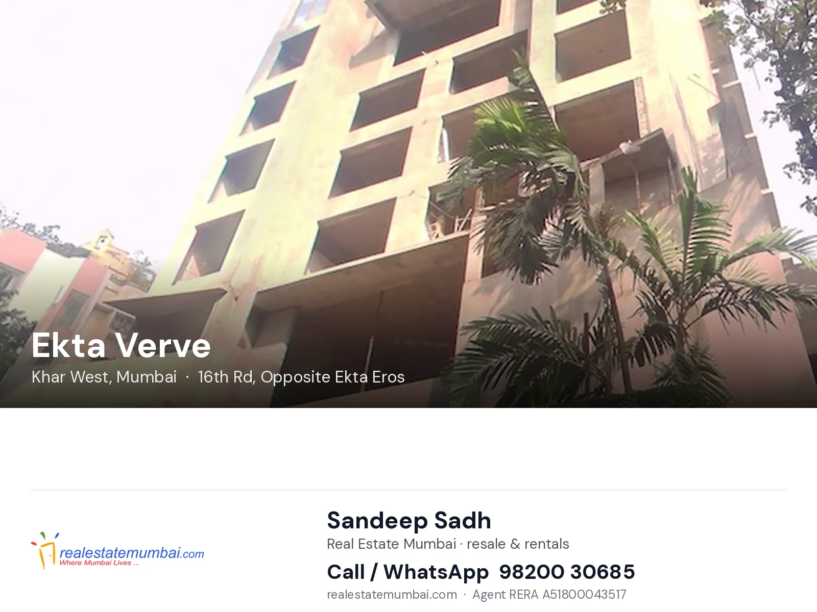 Ekta Verve, Khar West, Mumbai — flats | Real Estate Mumbai, Sandeep Sadh 98200 30685