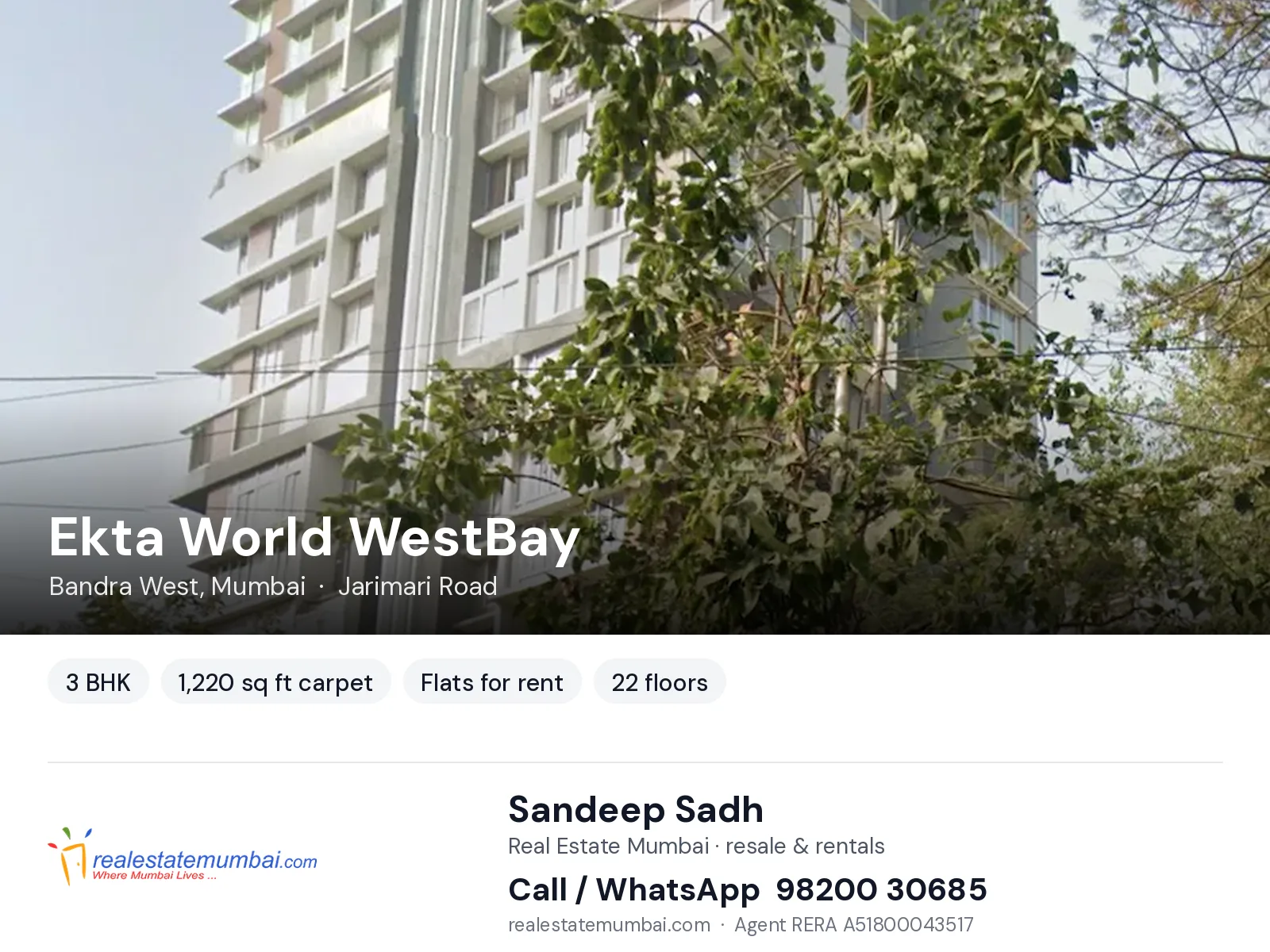 Ekta World WestBay, Bandra West, Mumbai — 3 BHK flats for rent | Real Estate Mumbai, Sandeep Sadh 98200 30685