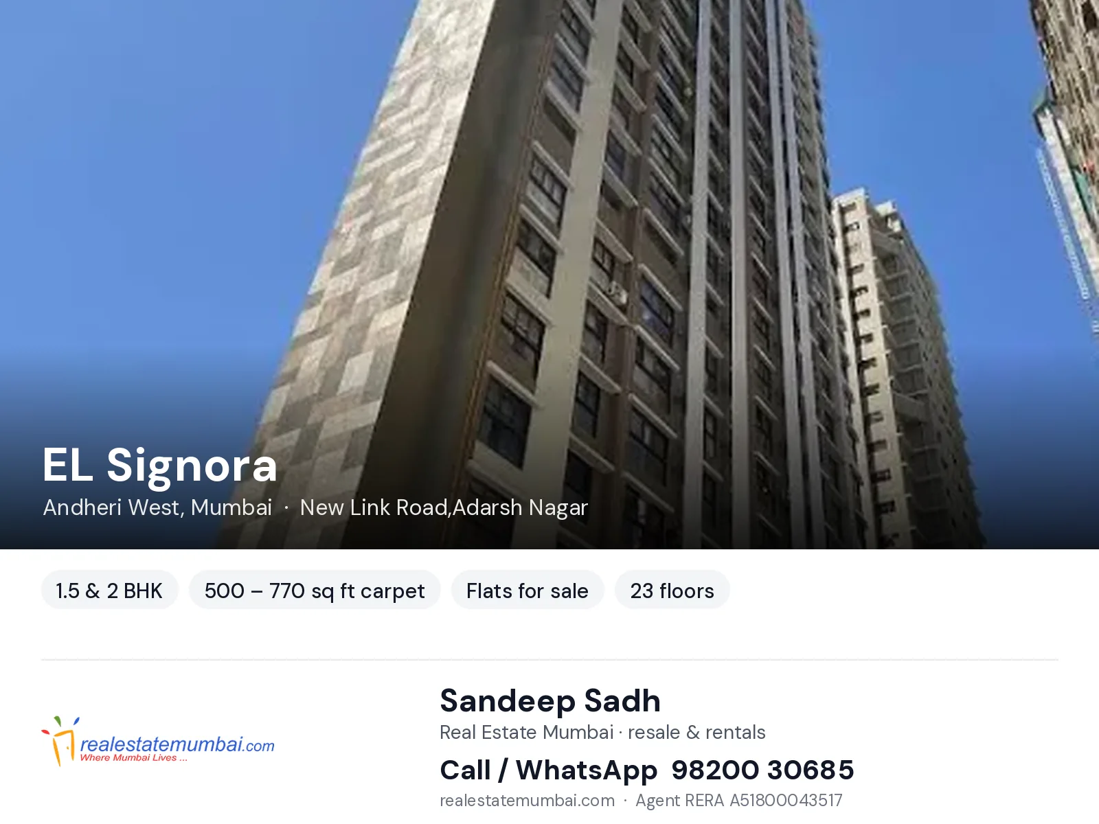 EL Signora, Andheri West, Mumbai — 1.5 & 2 BHK flats for sale | Real Estate Mumbai, Sandeep Sadh 98200 30685